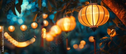 Serene Night Scene with Glowing Lanterns and Ambient Light Blur for Text Space in Sky Wide Angle View