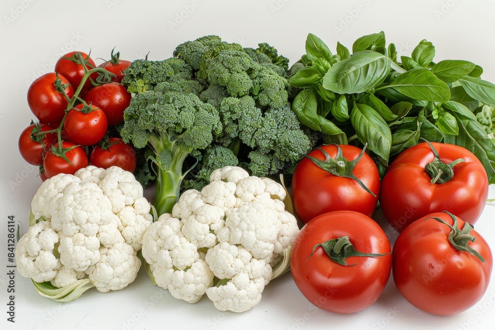Fresh and vibrant assortment of vegetables including broccoli, tomatoes, and cauliflower, beautifully presented in a healthy setting Fresh and vibrant assortment of vegetables including broccoli, tomatoes, and cauliflower, beautifully presented in a healthy setting