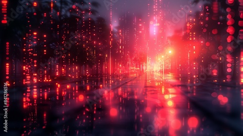 A cyberpunk-themed city street, drenched in red rain, with neon lights and glitch effects.
