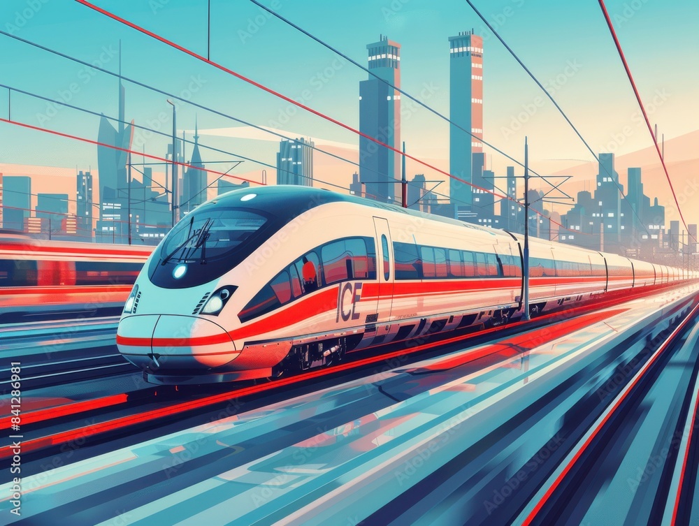 Fototapeta premium High-speed train gliding through a modern cityscape at dusk, with motion blur capturing the speed and dynamism.