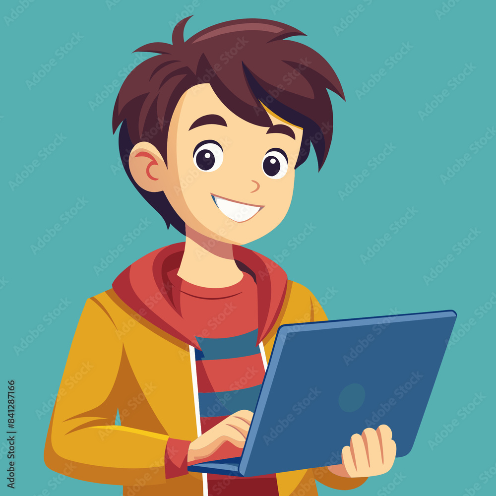 A vibrant illustration of a young boy with spiky hair, smiling brightly. He is wearing a blue and red jacket over a white shirt and is holding a book. The background features dynamic A vibrant illustration of a young boy with spiky hair, smiling brightly. He is wearing a blue and red jacket over a white shirt and is holding a book. The background features dynamic