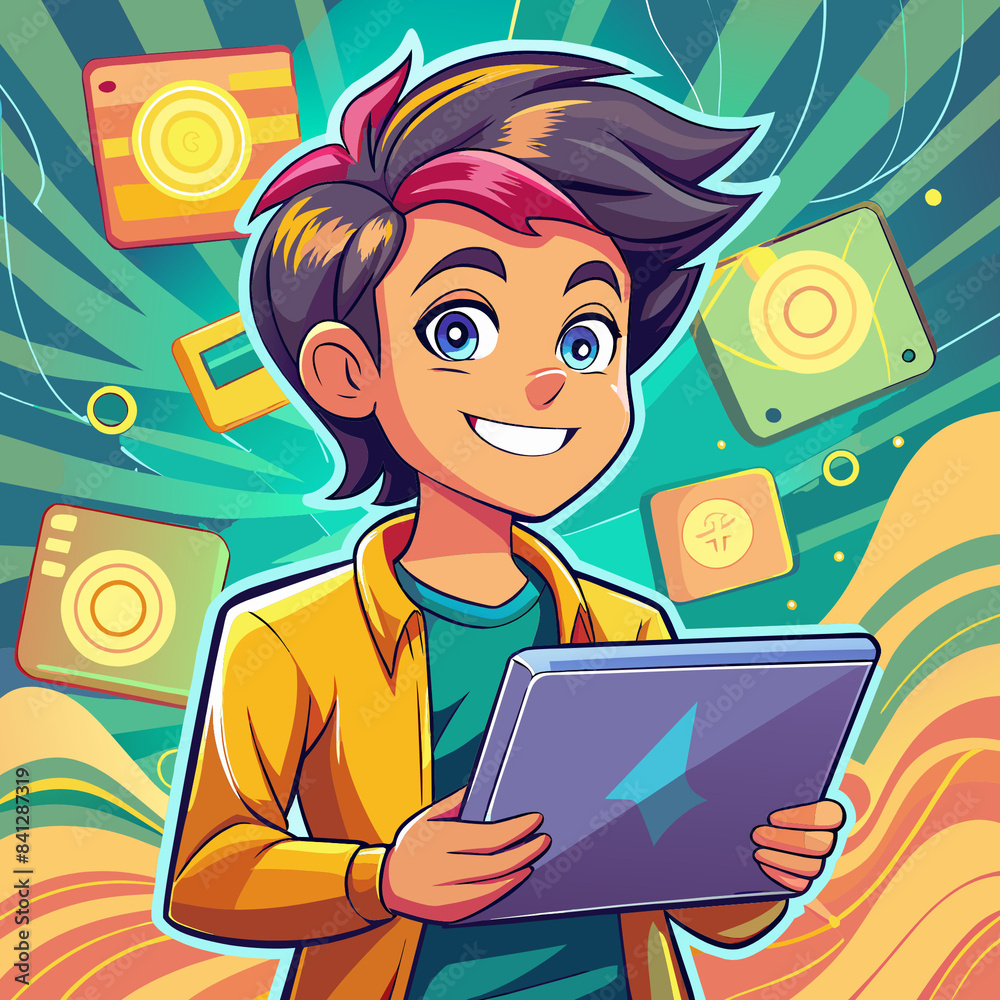 A vibrant illustration of a young boy with spiky hair, smiling brightly. He is wearing a blue and red jacket over a white shirt and is holding a book. The background features dynamic A vibrant illustration of a young boy with spiky hair, smiling brightly. He is wearing a blue and red jacket over a white shirt and is holding a book. The background features dynamic