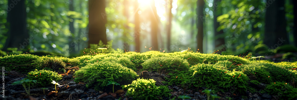 Sunlit forest floor covered in lush green moss, creating a serene and peaceful natural scene perfect for concepts of tranquility, nature conservation, and outdoor relaxation. Sunlit forest floor covered in lush green moss, creating a serene and peaceful natural scene perfect for concepts of tranquility, nature conservation, and outdoor relaxation.