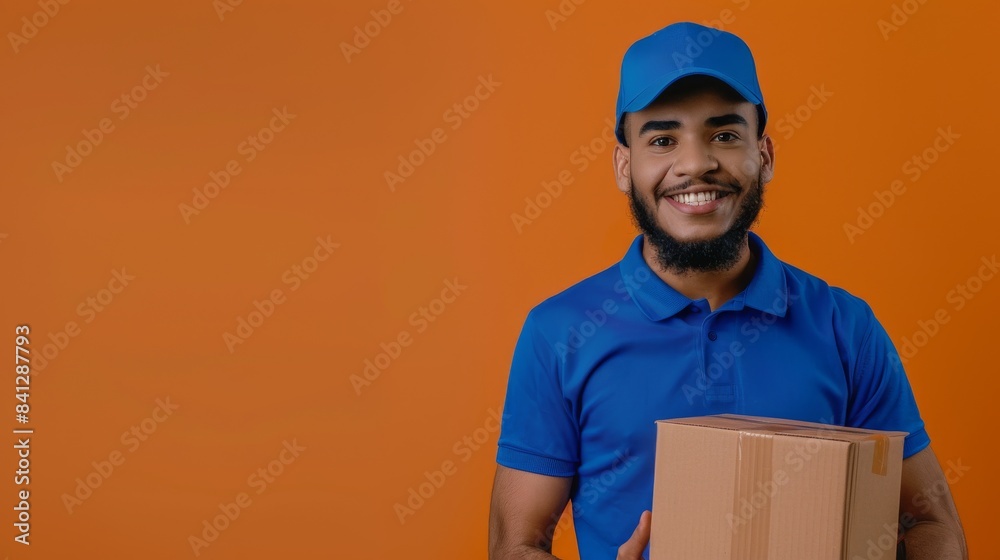 Portrait of a smiling delivery man in blue uniform holding a cardboard box with an orange background