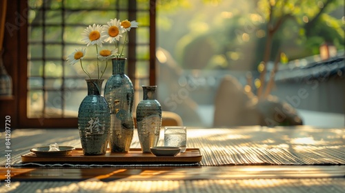 Zen still life with vases and flowers in a serene setting photo