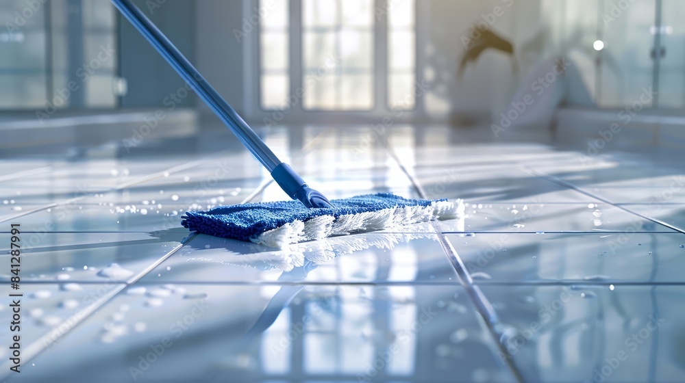 Blue mop cleaning shiny white tiled floor Blue mop cleaning shiny white tiled floor