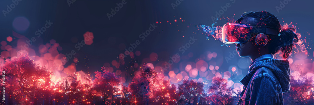 Fototapeta premium Young woman wearing VR headset surrounded by vibrant, glowing virtual forest, illustrating immersive technology and futuristic experience.