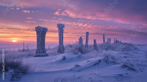 A surreal sunrise casting a warm glow on a frozen landscape highlighting the intricate details of the penitente structures. photo