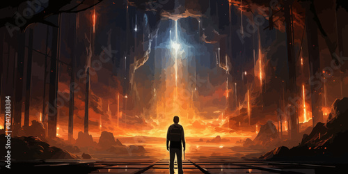 man standing on a rock in the world without gravity, digital art style, illustration painting