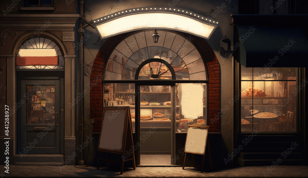 Naklejka premium Showcase entrance of a store, pizzeria, street cafe with a signboard, evening light. AI generated.