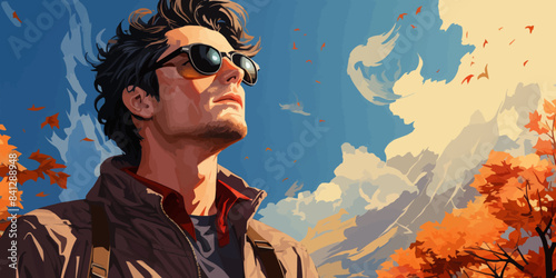 lonely man looks up at the sky feeling blue background are windy autumn leaves in pastel vector illustration