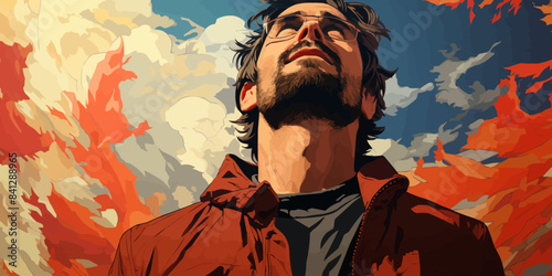 lonely man looks up at the sky feeling blue background are windy autumn leaves in pastel vector illustration