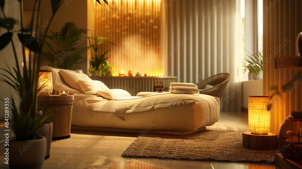 Fototapeta premium Serene spa room with comfortable bed and natural light