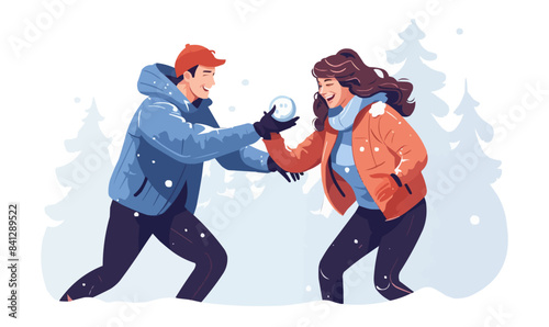 Playful Snowball Fight with a Smiling Couple isolated vector style on isolated background illustration