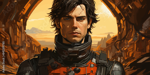 Portrait of anime gundam pilot man. Illustration in the retro style film