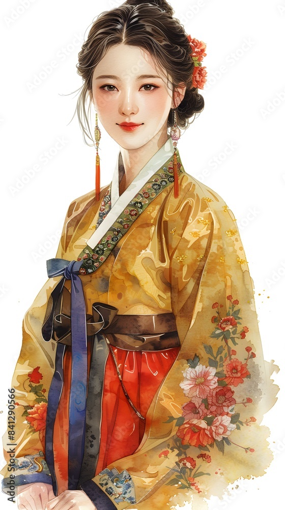 A beautiful illustration of a Korean woman in traditional dress A beautiful illustration of a Korean woman in traditional dress