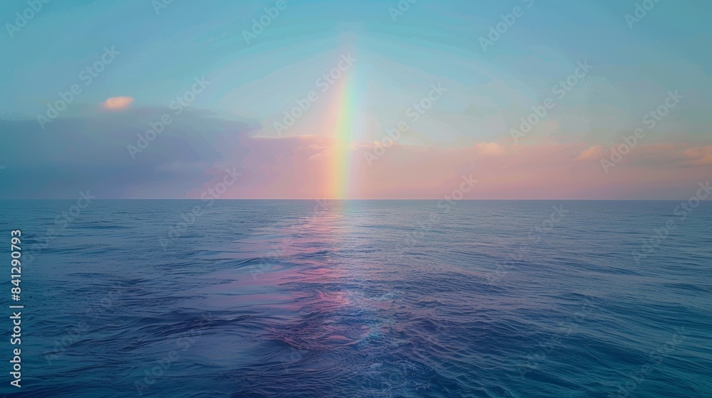 A rainbow fading into the horizon over a vast ocean, creating a breathtaking panorama of nature's beauty.