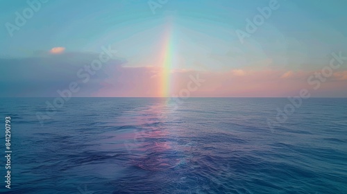 A rainbow fading into the horizon over a vast ocean  creating a breathtaking panorama of nature s beauty.