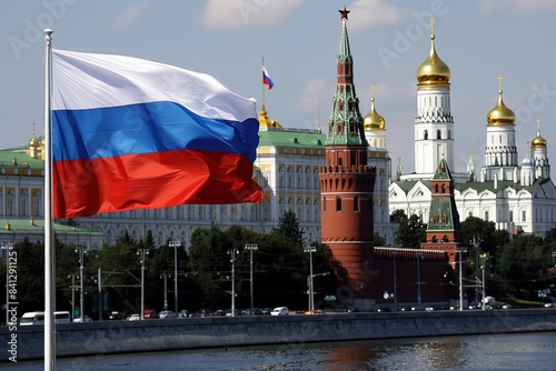 Large Russian flag fluttering on the embankment of Moskva river in Moscow, Russia. Kremlin. Church, temple. Russian Federation. Tricolor. Kremlin palace. Russian capital. Politics
