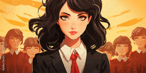 Retro anime girl with black hair in japanese school uniform. vector flat bright colors