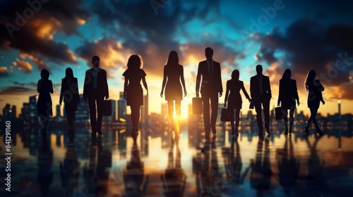 Silhouette of a Group of Business People Walking Toward the Sunset Over a Cityscape
