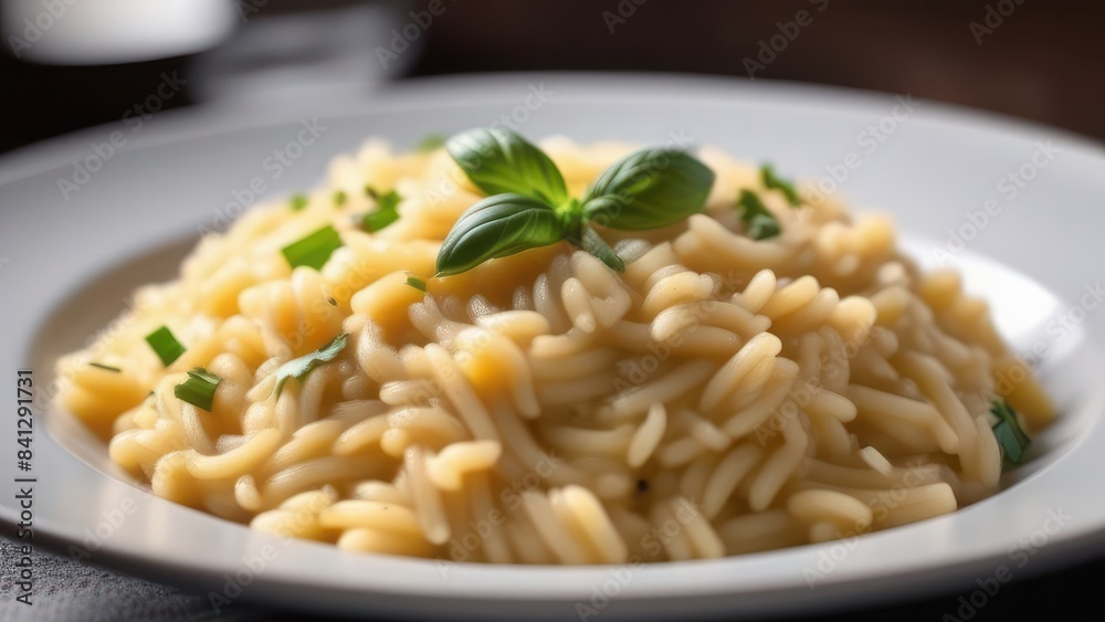 plate of orzo pasta topped with fresh herbs. The orzo is cooked to perfection, showcasing a light, creamy texture with a hint of green from the herbs, making it an appealing and delicious dish