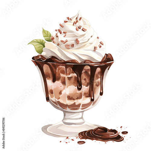 A Chocolate Bliss: Rich chocolate ice cream, milk, and chocolate syrup, topped with whipped cream and chocolate shavings. , watercolor illustration clipart
