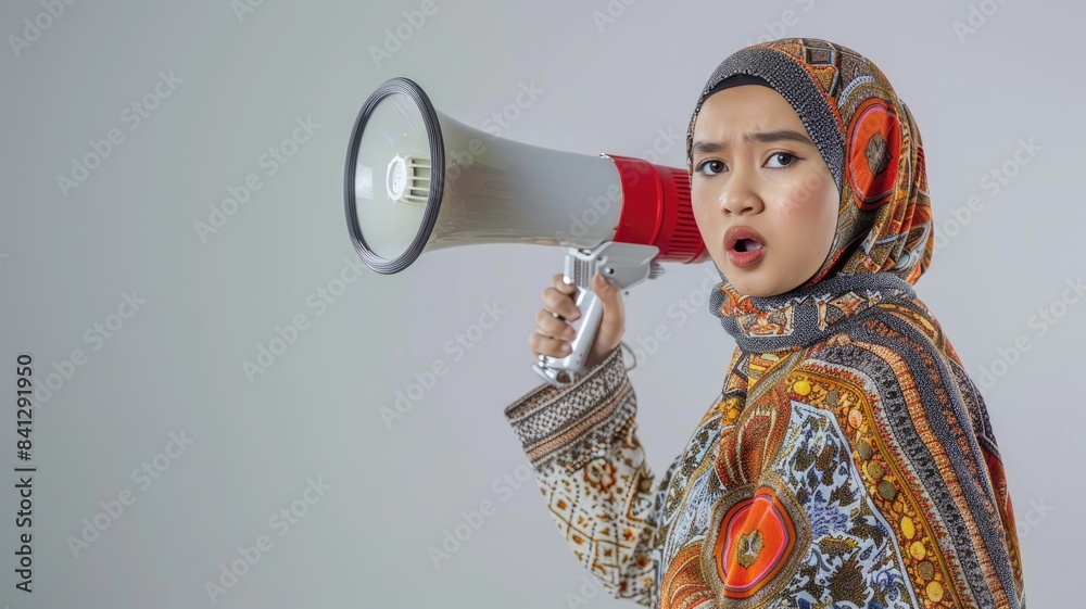 Young Asian muslim girl in batik dress with hijab holds in hand ...