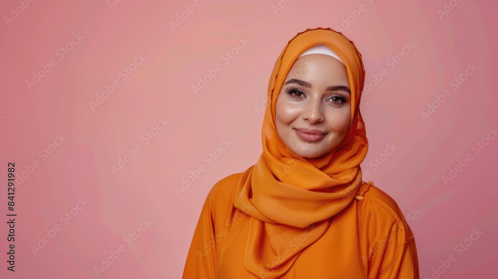 Young smiling beautiful arabian asian muslim woman wear orange abaya hijab look camera isolated on plain light pink color background studio portrait. People uae middle eastern islam religious concept. Young smiling beautiful arabian asian muslim woman wear orange abaya hijab look camera isolated on plain light pink color background studio portrait. People uae middle eastern islam religious concept.