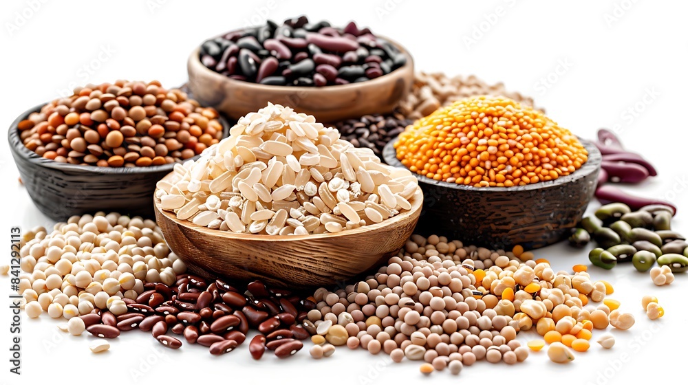 A variety of beans, peas, and grains are scattered across the white background A variety of beans, peas, and grains are scattered across the white background