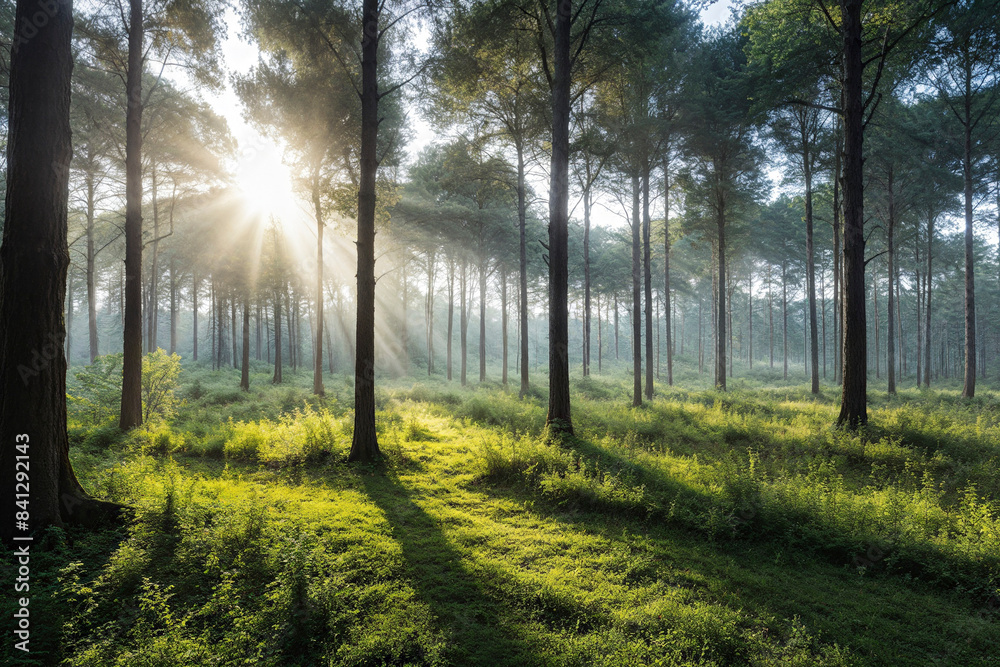 Obraz premium The early morning sun reflected itself on the grass through the trees
