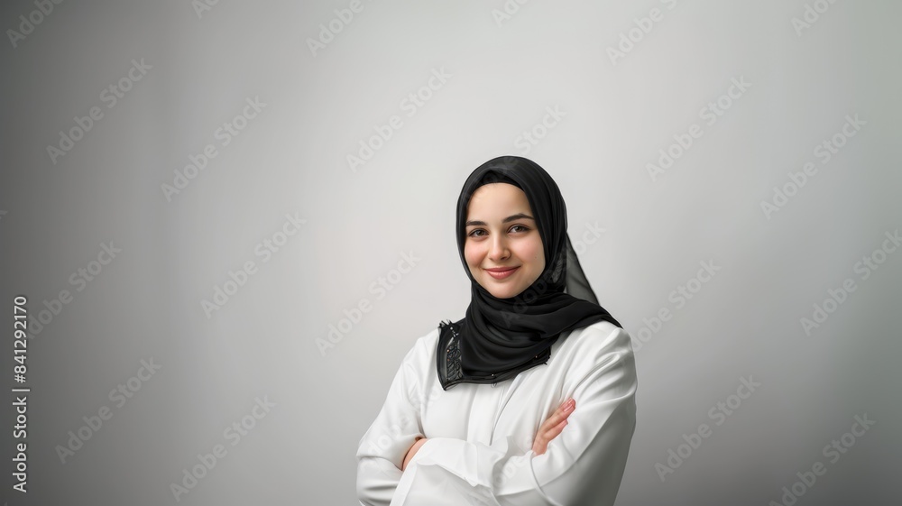Portrait of hijab girl smiling. Pretty muslim girl. Beautiful asian muslim woman model in formal office attire posing over white background studio. Portrait of hijab girl smiling. Pretty muslim girl. Beautiful asian muslim woman model in formal office attire posing over white background studio.