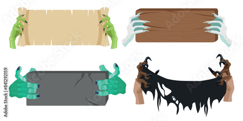 Set of hands of characters holding different signs in a cartoon style. Vector illustration of creepy witch hands, monsters with claws holding papyrus, wooden tablets, stone, torn rag. Halloween.