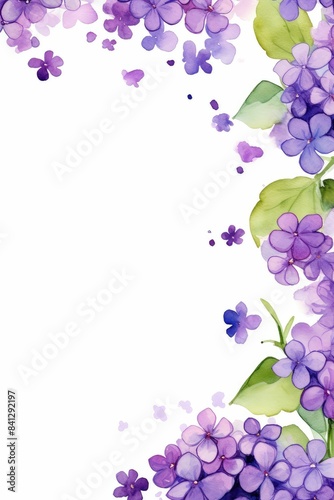 heliotrope themed frame or border for photos and text. fwith clusters of purple flowers. watercolor illustration, white color background. photo