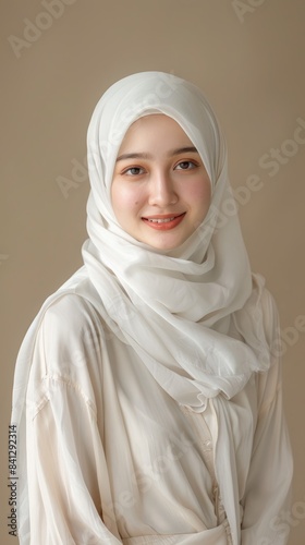 Portrait of hijab girl smiling. Pretty muslim girl. Beautiful asian muslimah woman model posing on beige background studio.