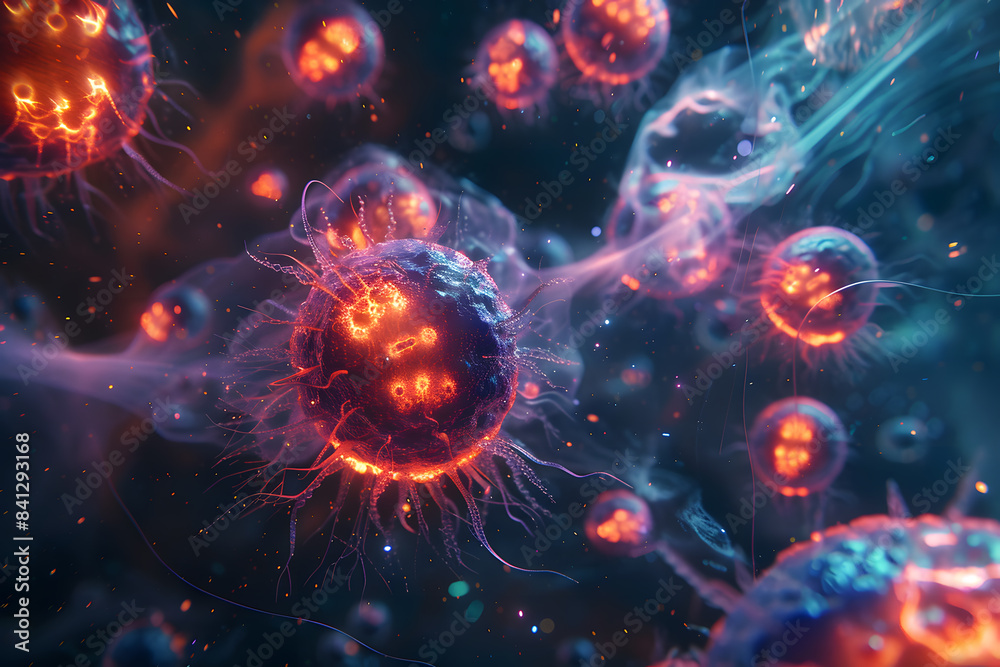 B Cells depicted as celestial guardians, their luminous forms warding off infectious agents with bursts of radiant energy