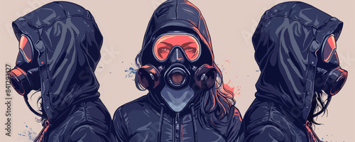 Fashion cyberpunk girl in leather hoodie jacket wears gas mask with protective glasses. vector simple illustration