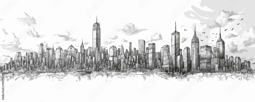 Fototapeta premium City silhouette sketch hand drawn engraved style Vector illustration