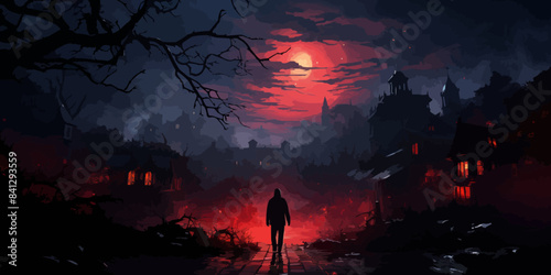 night scene of a man looking at the old house with junk all around, digital art style, illustration painting