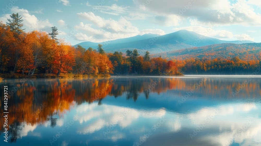 A serene autumn landscape of a tranquil lake reflecting the vibrant colors of the surrounding fall foliage, with a majestic mountain range in the distance, A serene autumn landscape of a tranquil lake reflecting the vibrant colors of the surrounding fall foliage, with a majestic mountain range in the distance,