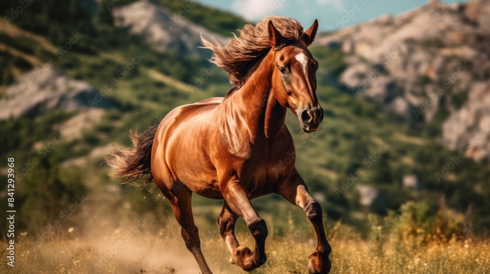 Fototapeta premium a brown horse running fast in the open. The horse ran strongly, and raised dust from the ground with its powerful steps.