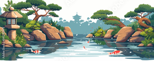 A peaceful Japanese garden with a koi pond, stone lanterns, and manicured bonsai trees. Vector flat minimalistic isolated illustration.