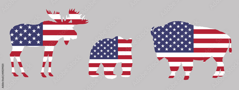 Silhouette of bear, bison and moose in colors of the US flag. Animal illustration in national colors.
Silhouette of bear, bison and moose in colors of the US flag. Animal illustration in national colors.