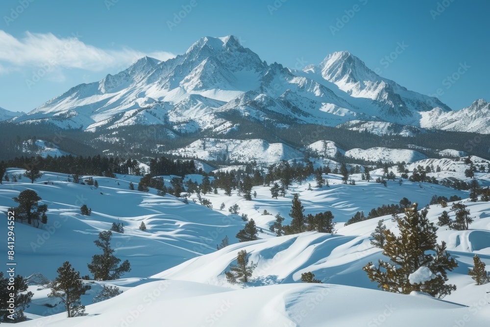 A majestic mountain range covered in snow, with clear blue skies above and pine trees dotting the landscape below. A majestic mountain range covered in snow, with clear blue skies above and pine trees dotting the landscape below.