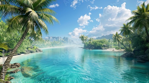 A serene tropical lagoon with crystal-clear turquoise water and lush green palm trees, under a clear blue sky.