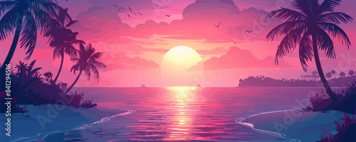 An idyllic beach and ocean landscape on a tropical island with palm trees and coconut trees in the sunset light. vector simple illustration