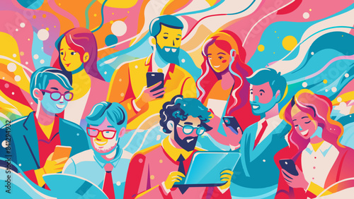 Vibrant, Colorful Illustration of Diverse Young People Using Technology