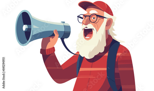 old man shouts into a megaphone vector flat isolated illustration