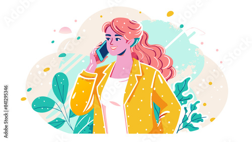 Vibrant Illustration of a Smiling Woman Talking on the Phone Outdoors