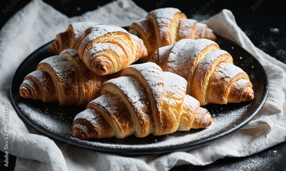 Fototapeta premium Freshly baked croissants dusted with powdered sugar on a black plate